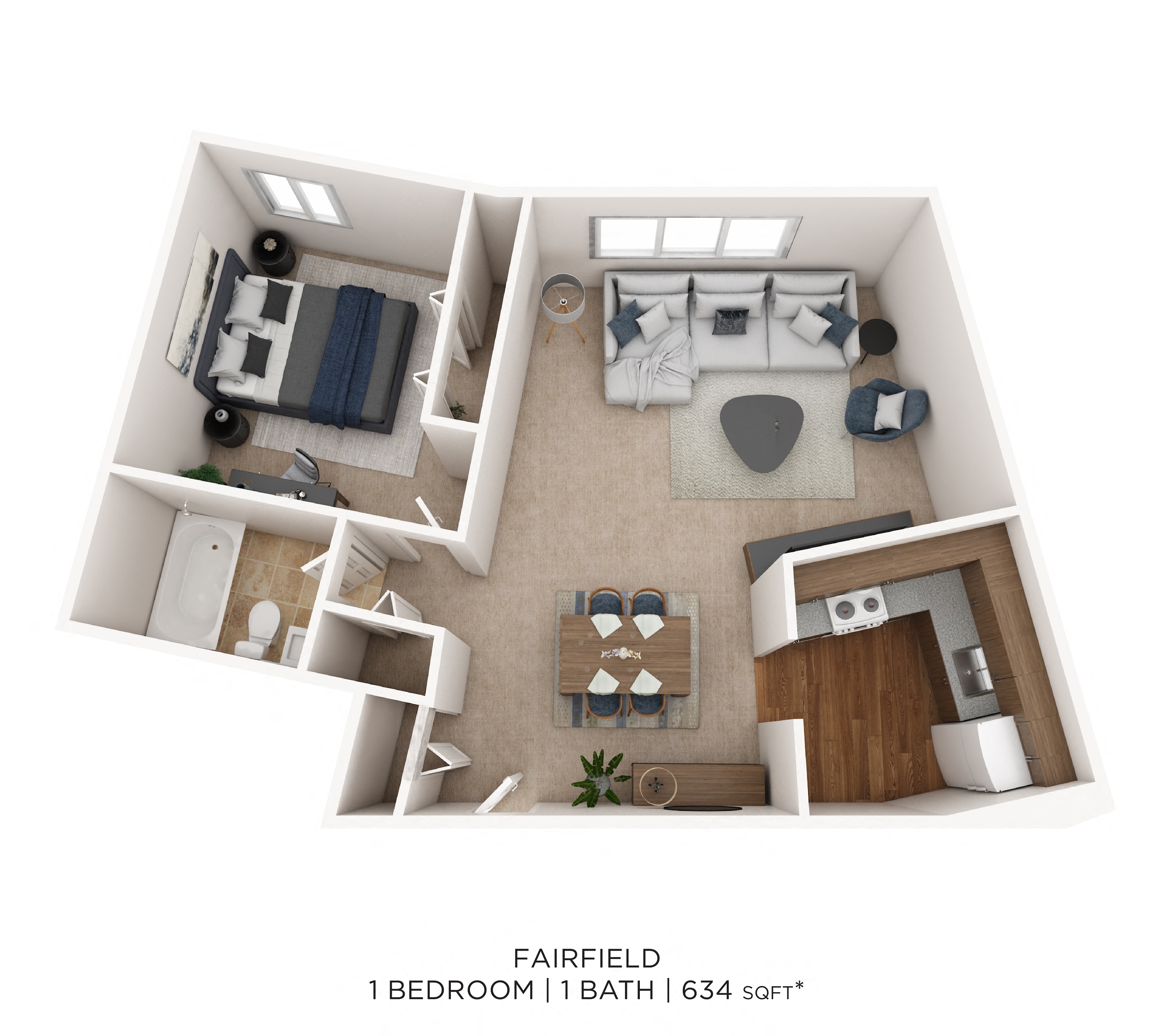 Floor plan for 1 bed, 1 bath, 634 sqft